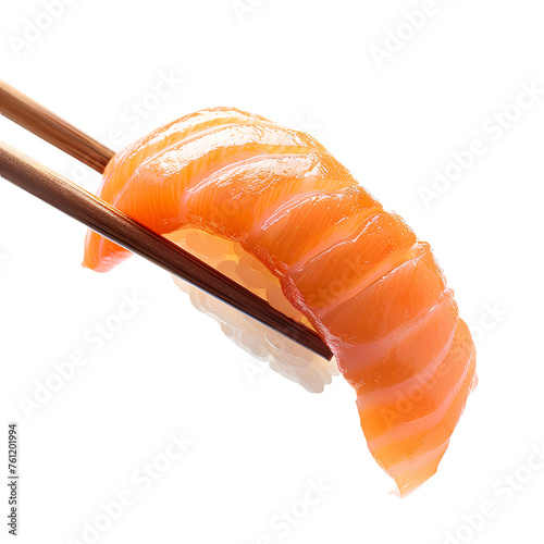 Perspective view of a piece of salmon being held up with chopsticks left side, isolated on transparent background