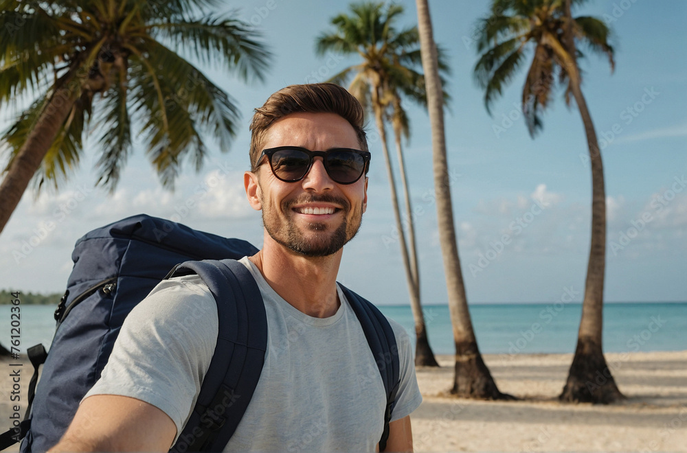 Handsome man with backpack taking holiday selfie on the beach