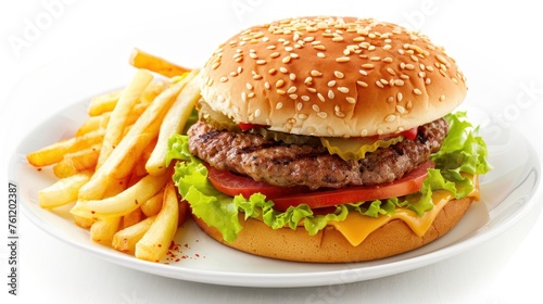 hamburger and 
French fries on plate, on white background