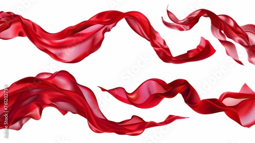 Red silk ribbon flying and curving in the air. Wind blowing and flowing pieces of textile tape. Realistic modern illustration of satin fabric curtain wave on wind.
