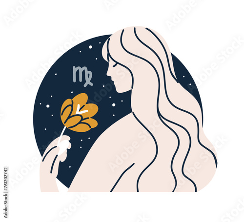 Virgo, Zodiac sign. Astrology woman symbol, horoscope icon. Virgin, maiden, star sky, space, female constellation, celestial sticker. Flat graphic vector illustration isolated on white background