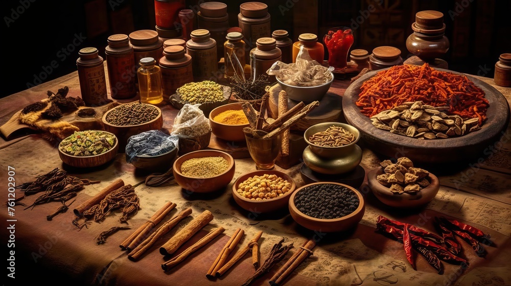 Spices. Photo of fresh herbs. Assortment of fresh and dried seasonings and herbs on a marble background.