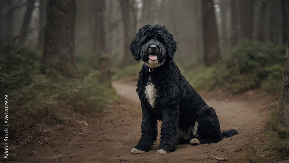 black dog sitting on a dirt path in the woods black dog sitting on a dirt path in the woods