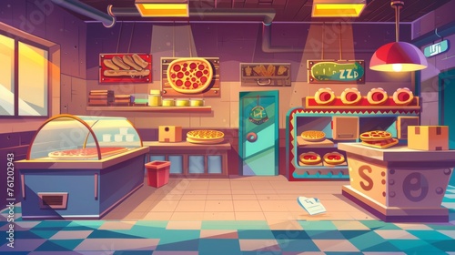 Pizza restaurant interior furniture and equipment - oven for baking, display case with snacks and drinks, menu banners, cardboard boxes for delivering, cartoon modern set.