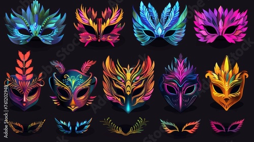 An illustration of masquerade costume elements decorated with feathers, color pattern, Venice festival show, traditional art.