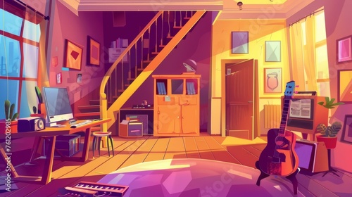 In this cartoon house or apartment interior, there is an entrance door and stairs, the office desk and cabinet with the computer, and the music area with the guitar and piano.