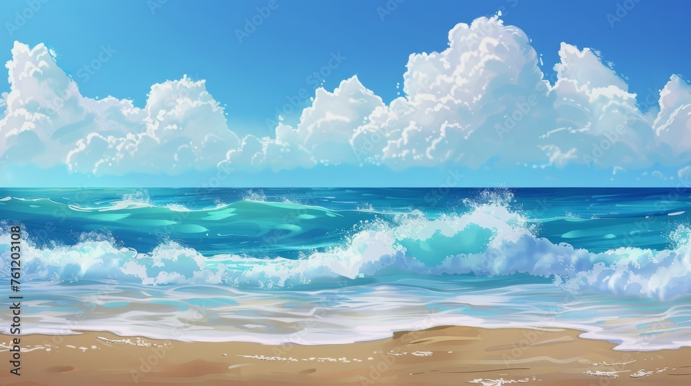 Summer landscape modern illustration of empty seashore with sandy texture and blue water with wave foam and clouds in the sky. Modern illustration of summer landscape with empty seashore with sandy