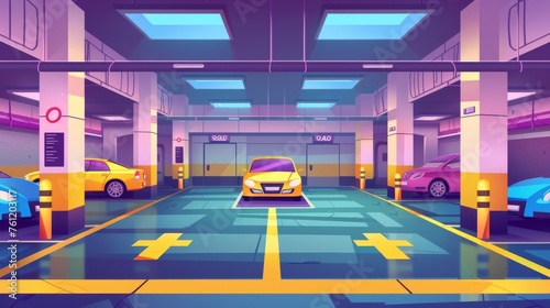 This is a cartoon modern illustration of parked automobiles on a basement lot with markings, a concrete floor, and columns. The garage area is for the use of public transport for safekeeping of