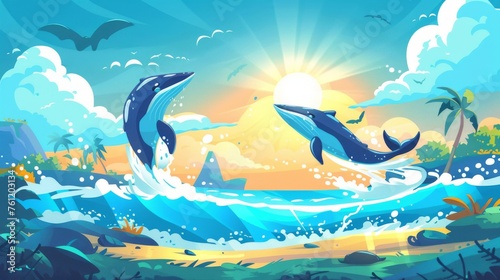 A cartoon sea or ocean landscape with jumping whales. Modern illustration depicting a whale or orca tail and water splashing. Large cetacean animals in their natural habitat.