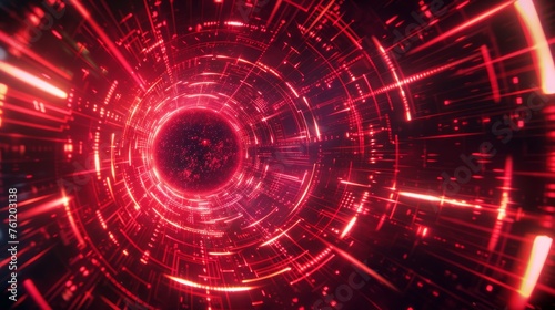 A hyperspace tunnel with a circular perspective explosion. Red light warps at a high speed with a radial blast. Realistic modern illustration of a space travel pattern with neon glowing effects.