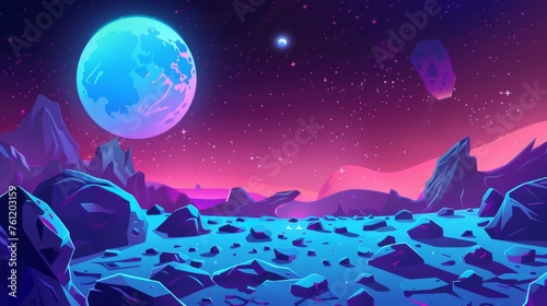 Imaginary alien planet landscape at night. Modern illustration of rocky terrain, moons on horizon, craters filled with liquid substance, starry sky, space adventure game background. © Mark