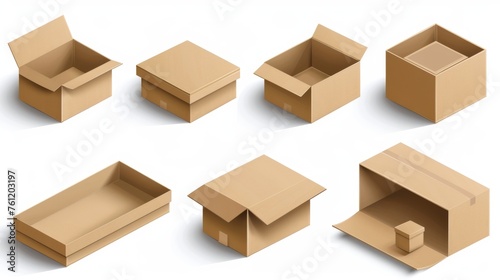 Mockup set of brown cardboard boxes isolated on white background. Modern realistic illustration of a newspaper delivery, a parcel shipment, a gift with blank surface of a brown cardboard box. © Mark