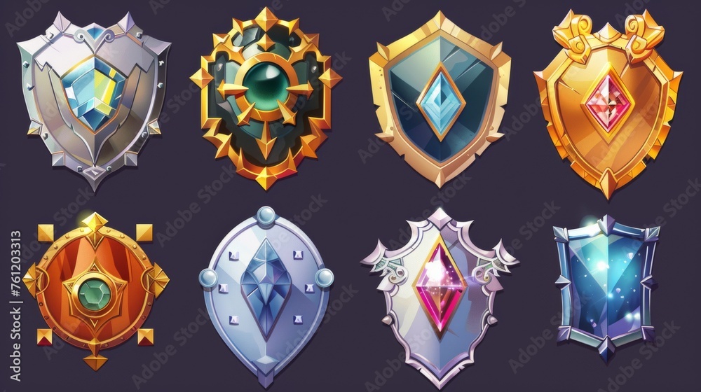 A cartoon modern set of medieval medallions with gems of various complexity for game UI awards. A treasure emblem or badge with a diamond for game UI ranks. A cartoon modern set of medieval medallions with gems of various complexity for game UI awards. A treasure emblem or badge with a diamond for game UI ranks.