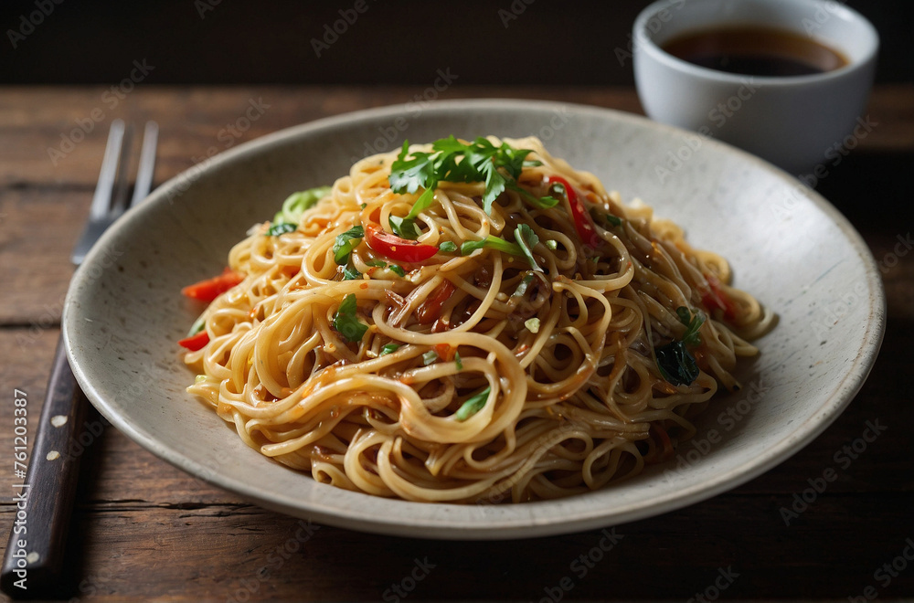 Asian food noodles in a deep plate with chopsticks nearby
