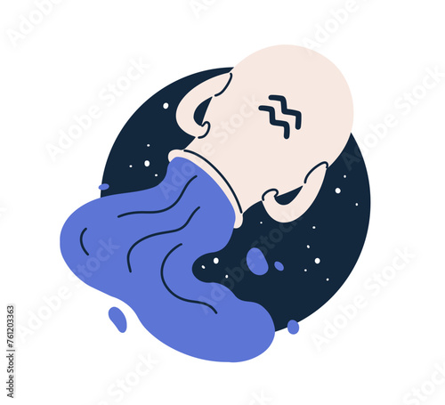 Aquarius, astrological zodiac sign. Water in pot, horoscope symbol, celestial esoteric sticker, icon with aqua in jug and stars in sky. Flat graphic vector illustration isolated on white background