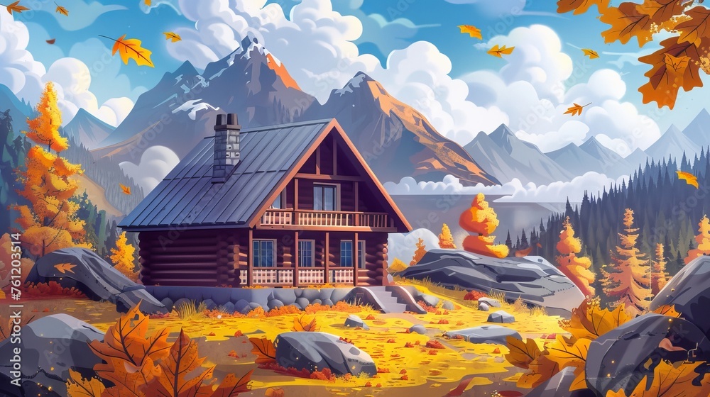 Cartoon illustration of a cozy chalet in a mountain valley in autumn. The house has an open porch and chimney on the roof, leaves are flying in the wind, and rocky peaks are framed by cloudy skies. - obrazy, fototapety, plakaty 
