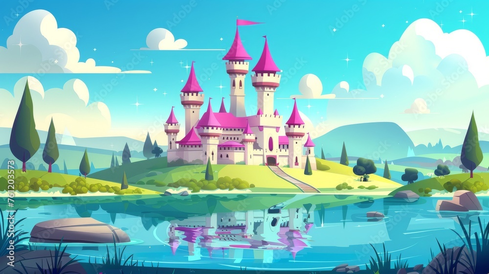 Cartoon modern of fantasy summer landscape with king and princess palace near pond and hills. Game or story scene with castle in a fairytale.