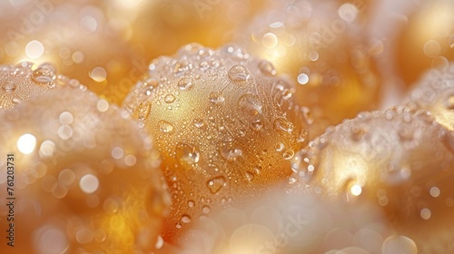 A close-up shot of golden Christmas balls adorned with dew drops, surrounded by a magical bokeh light effect, conveying the warmth and sparkle of the holiday season