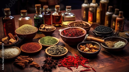 Spices. Photo of fresh herbs. Assortment of fresh and dried seasonings and herbs on a marble background.