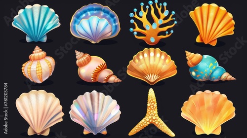 Gold and pearl seashells isolated on black background. Modern cartoon illustration of scallop shell with treasure inside, game rank icons, marine beach or aquarium seabed design elements. photo
