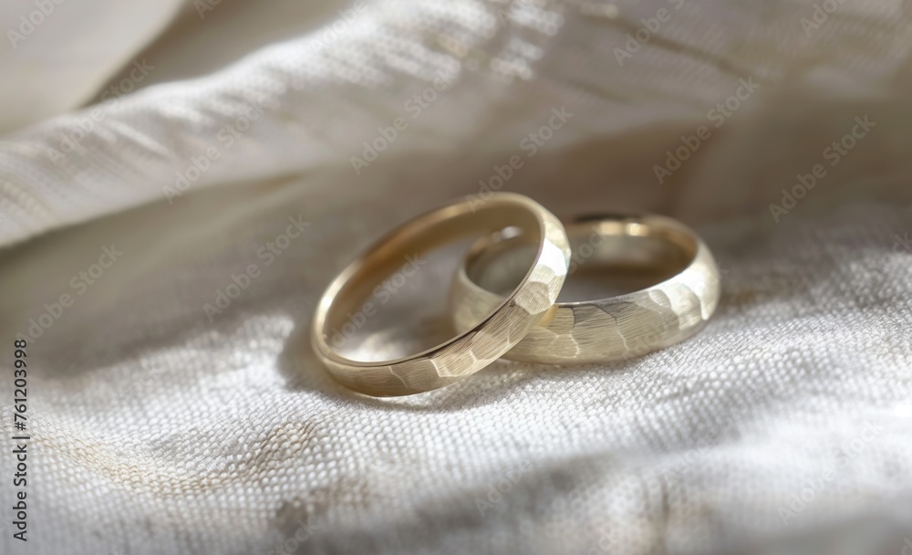 Two gold wedding rings with a textured surface. The rings are placed on a white cloth. The rings have a unique design that makes them stand out Two gold wedding rings with a textured surface. The rings are placed on a white cloth. The rings have a unique design that makes them stand out