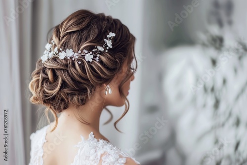 A bride seen from behind, showcasing her beautiful updo hairstyle