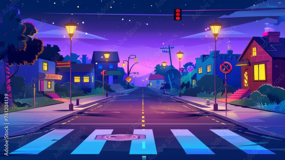 Under street lights at night, a city street intersection has sidewalks