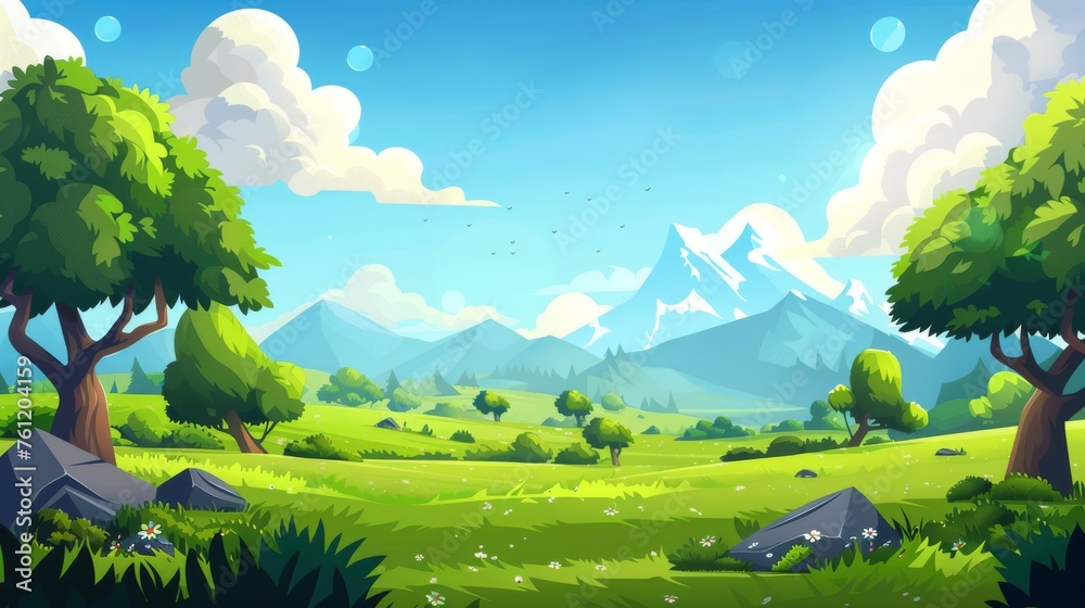Cartoon modern panorama with grassland near hills, blue sky with clouds, in a summer natural landscape with green grass, bushes and trees on a meadow in the foothills of high mountains. A rural scene