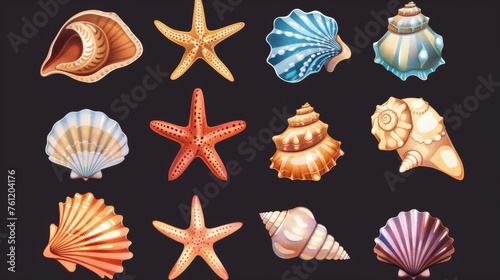 An illustration with starfish and seashells isolated on black background. A sketch of a seabed design element, mollusc, snail, oyster shells with pearls, souvenirs.