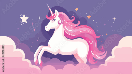 Pink unicorn on purple background flat vector 