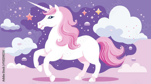 Pink unicorn on purple background flat vector 