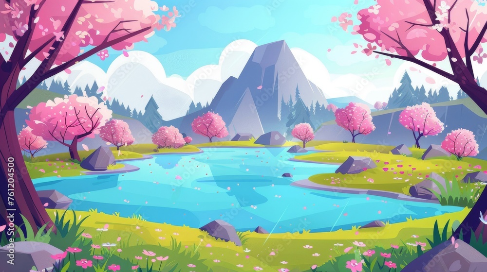 The image illustrates a natural spring landscape with a lake surrounded by blossoming cherry trees and mountains. The modern image is a cartoon forest with woods, daisies, and blue water in a pond.