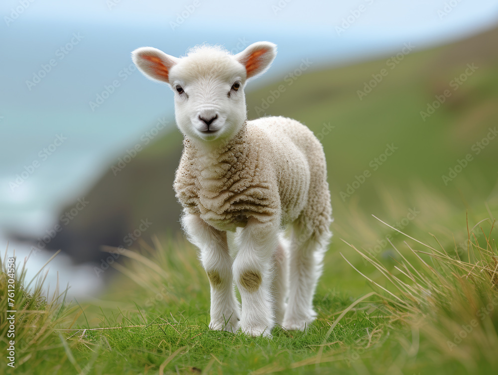 Obraz premium Cute little lamb. The lamb is looking at the camera in field near the ocean