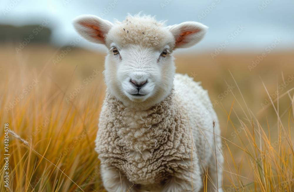 Obraz premium Lamb stands in field of tall grass