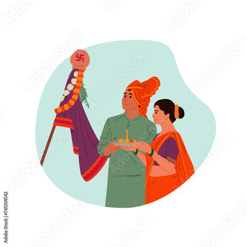 Happy Gudi Padwa, the Hindu New Year celebrating young couple illustration in traditional clothes in front of Guddi vector illustration  photo