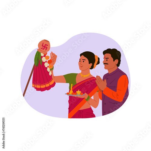 Happy Gudi Padwa, the Hindu New Year celebrating young couple illustration in traditional clothes in front of Guddi vector illustration 