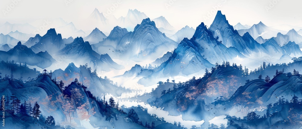 A background modern with a blue mountain design. An Oriental luxury landscape background design with a watercolor brush texture. For wall art, wallpaper, and home decor.