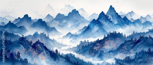 A background modern with a blue mountain design. An Oriental luxury landscape background design with a watercolor brush texture. For wall art, wallpaper, and home decor.