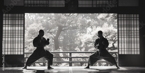 Martial arts training, focus, strength, traditional dojo setting