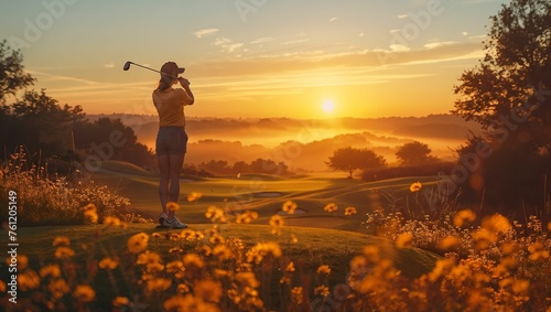 Golf course at dawn, player focusing on the perfect swing, serene landscape