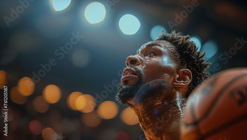 Basketball game-winning shot, intense focus, dramatic lighting, crowd anticipation photo