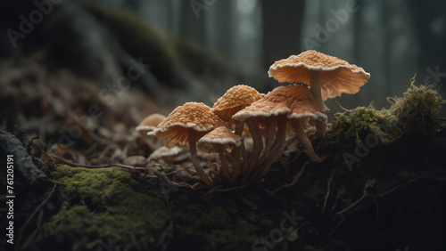 three mushrooms that are growing on a tree stump