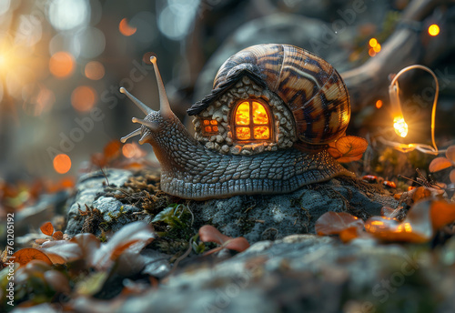 Snail and light bulb in the shell. A giant snail carrying a small house on its back