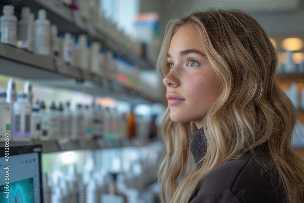 The woman examines skincare products on a store shelf with focused attention and blurred background