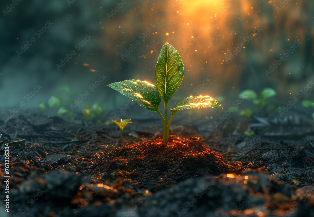 Young plant growing in the morning light and dark background Young plant growing in the morning light and dark background