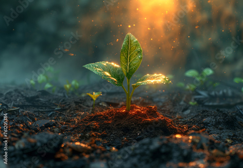 Young plant growing in the morning light and dark background photo
