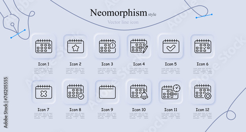 Calendar line icon set. Organizer, diary, memorable date, day off, favorites, star, pencil. Neomorphism style. Vector line icon for Business