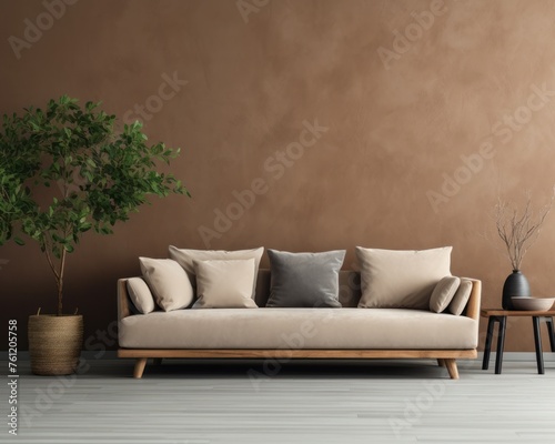gray sofa in brown living room with copy space
