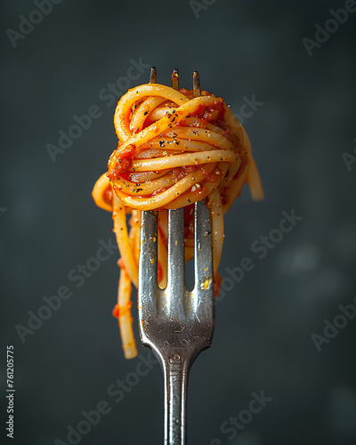 Delicious hot spaghetti with sauce hanging on a fork on solid background