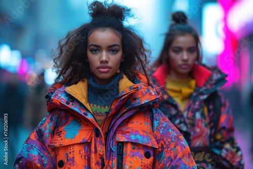 A young woman with a powerful gaze wears stylish urban fashion with a patterned coat against a city backdrop